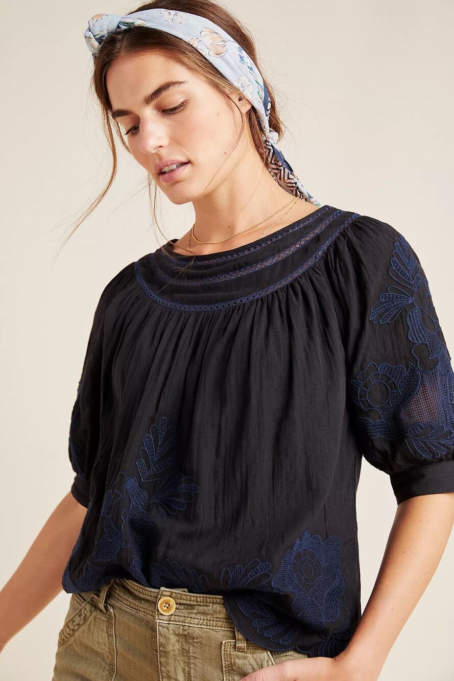 Anthropologie Salma Embroidered Peasant Blouse Navy Blue 0 Petite